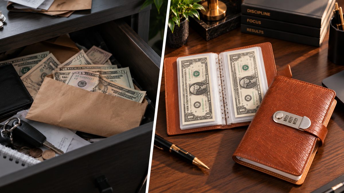 Left: cash scattered in a drawer and envelope. Right: the same cash organized flat inside a Jenevah