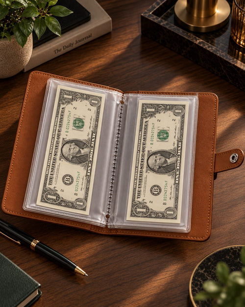 Jenevah open, dollar bills held flat in clear sleeves